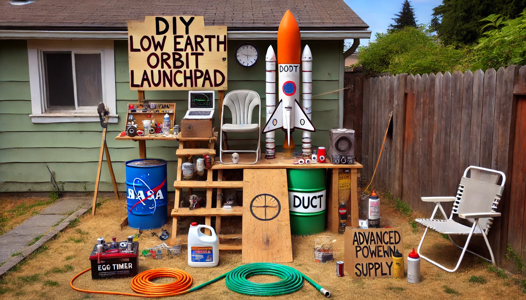 DALL·E 2024-12-05 10.54.56 - A comical depiction of a DIY low Earth orbit rocket launchpad built in a backyard. The scene includes mismatched materials like wooden planks, duct ta.webp